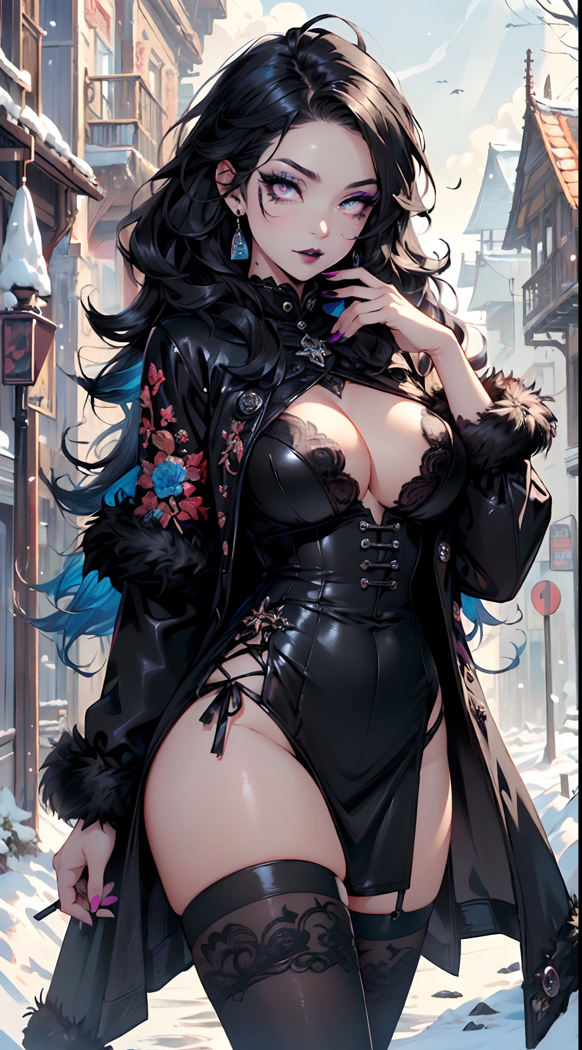 goth girl,(((1girl))),((extremely cute and beautiful black haired anime goth girl)),(((16 years old))),

(large breasts:1.2),((((black wavy hair:1.35,absurdly long unkempt hair,messy hair,colored inner hair,ear breathing)))),((heterochromia:1.5, (purple_eye and red_eye))),intricate eyes,beautiful detailed eyes,symmetrical eyes,Big eyes:1.5,((fat)),(((lustrous skin:1.5,bright skin: 1.5,skin tanned,shiny skin,very shiny skin,shiny body,plastic glitter skin,exaggerated shiny skin,illuminated skin))),(spider lower abdomen,narrow waist,wide hip,athletic body,inflated legs,detailed body,(detailed face)),

cute,slutty,seductive,erotic,(nsfw),

zettai ryouiki,revealing clothing,show skin,(((Sexy goth fur coat, goth fur coat outfit, wearing a goth fur coat:1.3,black winter coat))),((black mini-skirt,black mini skirt with furry edge,visible thong straps)),((black corset)),(black gloves,black gothic clothes,semi-naked,with little goth clothing),(((Black Eyeshadow,Thick Black Eyeliner,Long Dramatic Eyelashes,Black Lips,Goth Accessories,intricate makeup))),(((lace on your clothes,intricate outfit,intricate clothes,embroidered outfit,ornate outfit,embroidered clothes,ornate clothes))),

(dynamic pose:1.0),embarrassed,(centered,scale to fit dimensions,Rule of thirds),

((snowy pine forest at night)), with dark stormy clouds,winter,scenery:1.25,((snow forest background)),Christmas tree,

highres,sharp focus,(ultra detailed,extremely detailed),(photorealistic artwork:1.37),(extremely detailed CG unity 8k wallpaper),(((vibrant colors,vibrant theme))),(intricate),(masterpiece),(best quality),