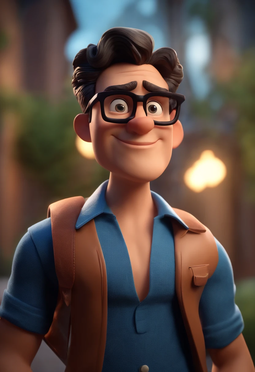 Cartoon character of a man wearing black glasses and a blue shirt, um personagem animado, Caractere estilizado, animation style rendering, 3D estilizado, Arnold Maya render, 3 d render stylized, toon render keyshot, Personagem 3D, Personagem 3D, 3d rendering stylized, 3 d character render, personagem de desenho animado, Personagem de close up, Pose de personagem, (Estilo Pixar) (master part:1.2) (Bokeh) (best quality) (pele detalhada) (textura detalhada) (8k) (argila) (Cinematic lighting) (foco nítido,Senta e vaza a parte superior do corpo
