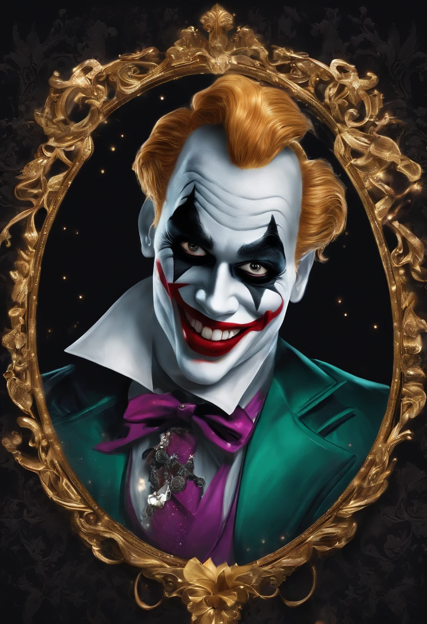 Create an image or a poster in the "Disney Pixar" style featuring Joker gleaming with smoke, holding a glass of Johnny Walker whisky. He should have a detailed, full body, with a gold chain and a smile showing teeth covered with diamond and gold details. The image should be in 2D and in 4K resolution. There should also be Harley Quinn, detailed with a full body, and a smile showing teeth covered with diamond and gold details. The background should be pink with a red gleam, and there should be white and black money sign notes for added sparkle. This image can be used as a wallpaper.