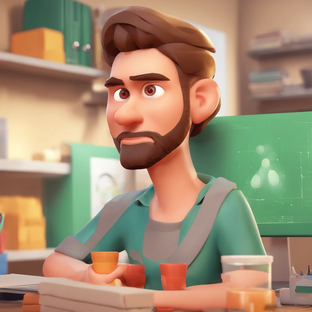 Criar um personagem no estilo Pixar. Trata-se de um homem de 40 anos, com barba, Branco,  e olhos verdes. Ele deve estar na frente de um computador, Trabalhar como treinador de esportes