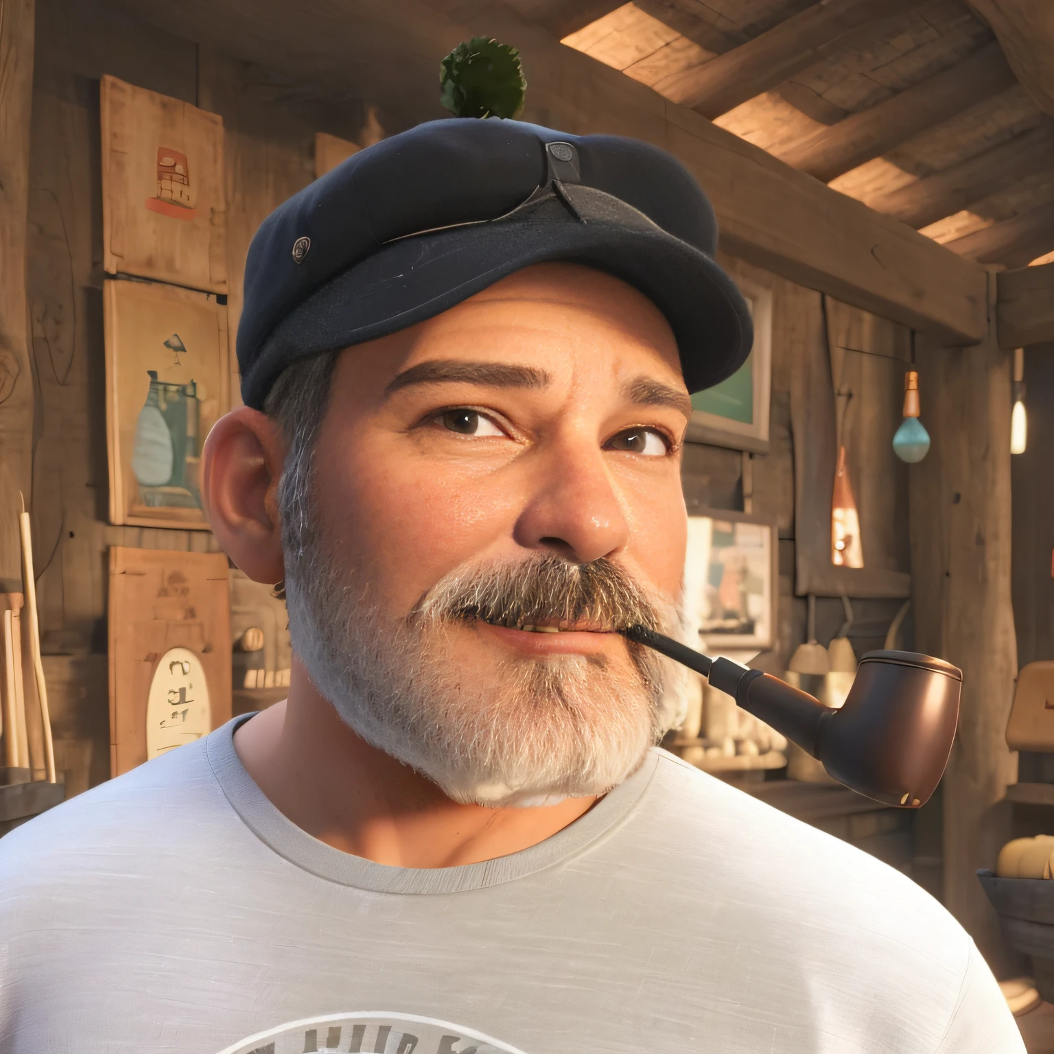 Man with a pipe in his mouth and a hat, com um fundo rustico, onde ha quadros e algumas tralhas.