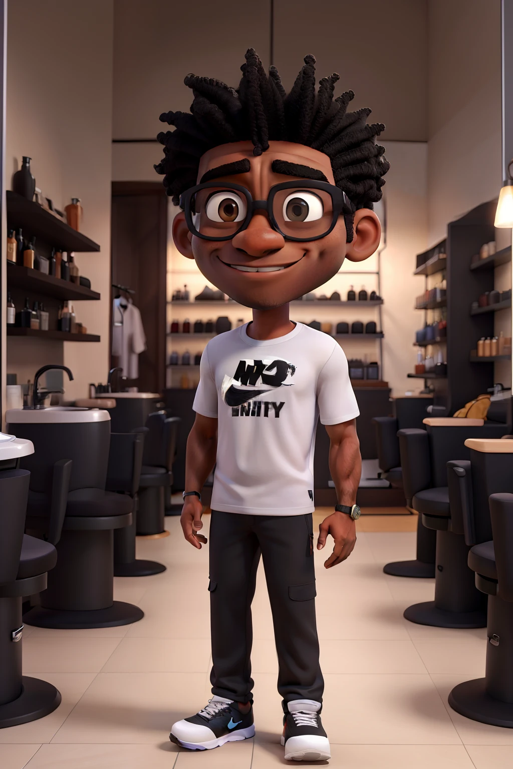Homem negro cabelo topete preto camiseta Nike Oculos em uma barbearia