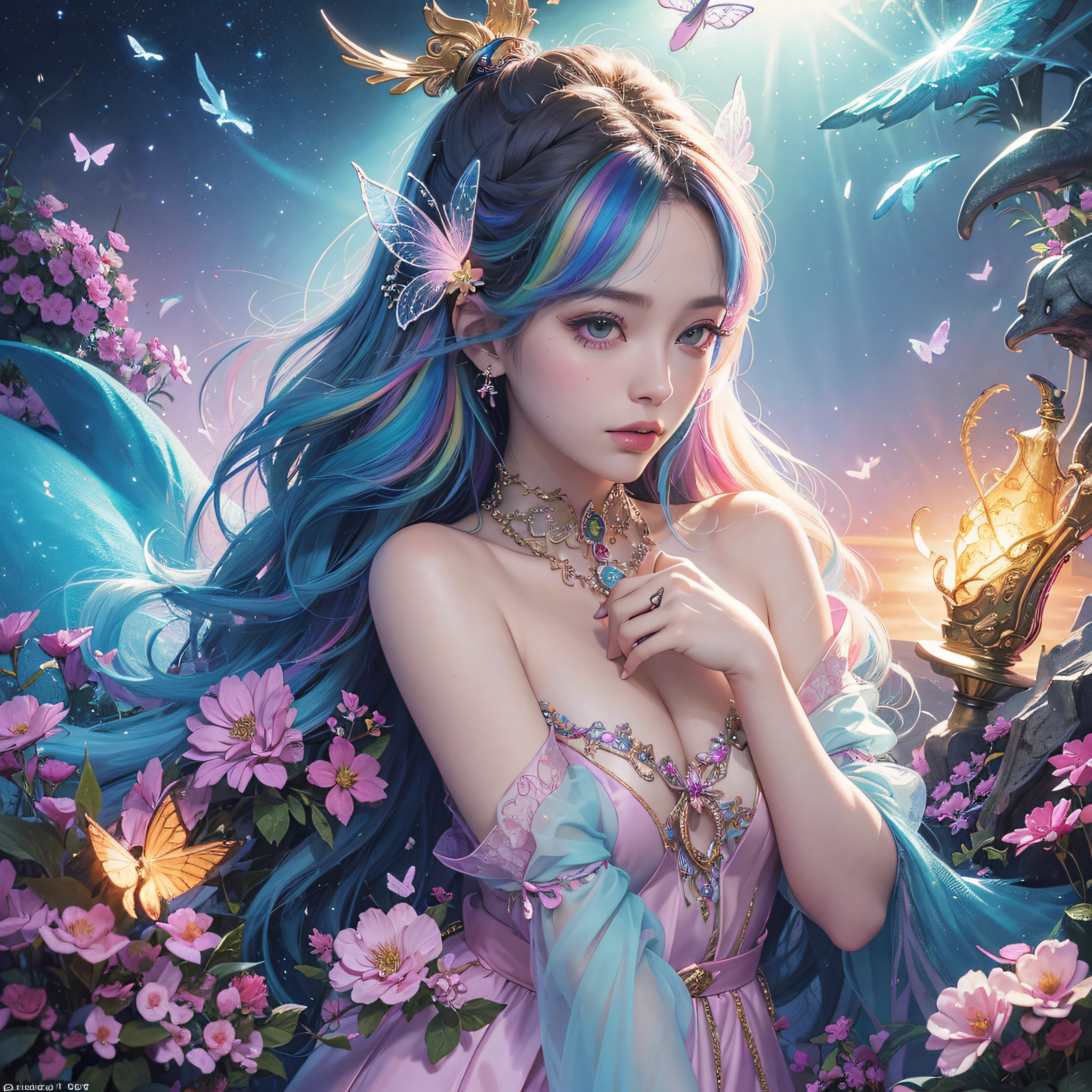 (((masutepiece))), (((opulent))), (((Best Quality))), ((Ultra-detailed)), (High Definition CG Illustration), ((extremely delicate and beautiful)), Cinematic Light. Create stunning fantasy artwork，Imitate the styles of currently popular genre masters. Artwork includes、It should contain rich and ornate elements of mythological fantasy and fairytale fantasy，Eta、With colorful rainbow accents and deep gemstone tones. ((Use a rainbow as the main color scheme.)) The characters in the work are delicate, but they are petite and strong，It exudes an aura of mystery and magic. Pay close attention to complex facial features, For example, Seductive eyes with bright colors and bold shadows. Character clothing should be designed with gossamer feathers, Silk, Amazing embroidery, and subtle iridescent details. MERGE (((Translucent rainbow))), dreamy colors, Dynamic lighting, and detailed background elements，Create awe and immersion. ((These include、Colorful flying magic birds and、Includes jewel-colored iridescent butterflies that exude a magical halo.)) Thinking about the latest trends in fantasy art, Incorporate unique lighting effects, etc., Explore dynamic and compelling compositional techniques, Eta、Experiment with a unique color palette. Get inspired by top artists from Art Station and Mid-Journey. camera: Emphasize the beauty of the character、Choose an angle that enhances the magical majesty of your artwork. Lighting: Creating Depth and Atmosphere with Atmospheric Lighting Technology. resolution: Aim for high-resolution artwork，Showcase intricate details and clarity. Artistic inspiration: Get inspired by popular artists at the art station, Explore different styles, genre, and themes.huge udder