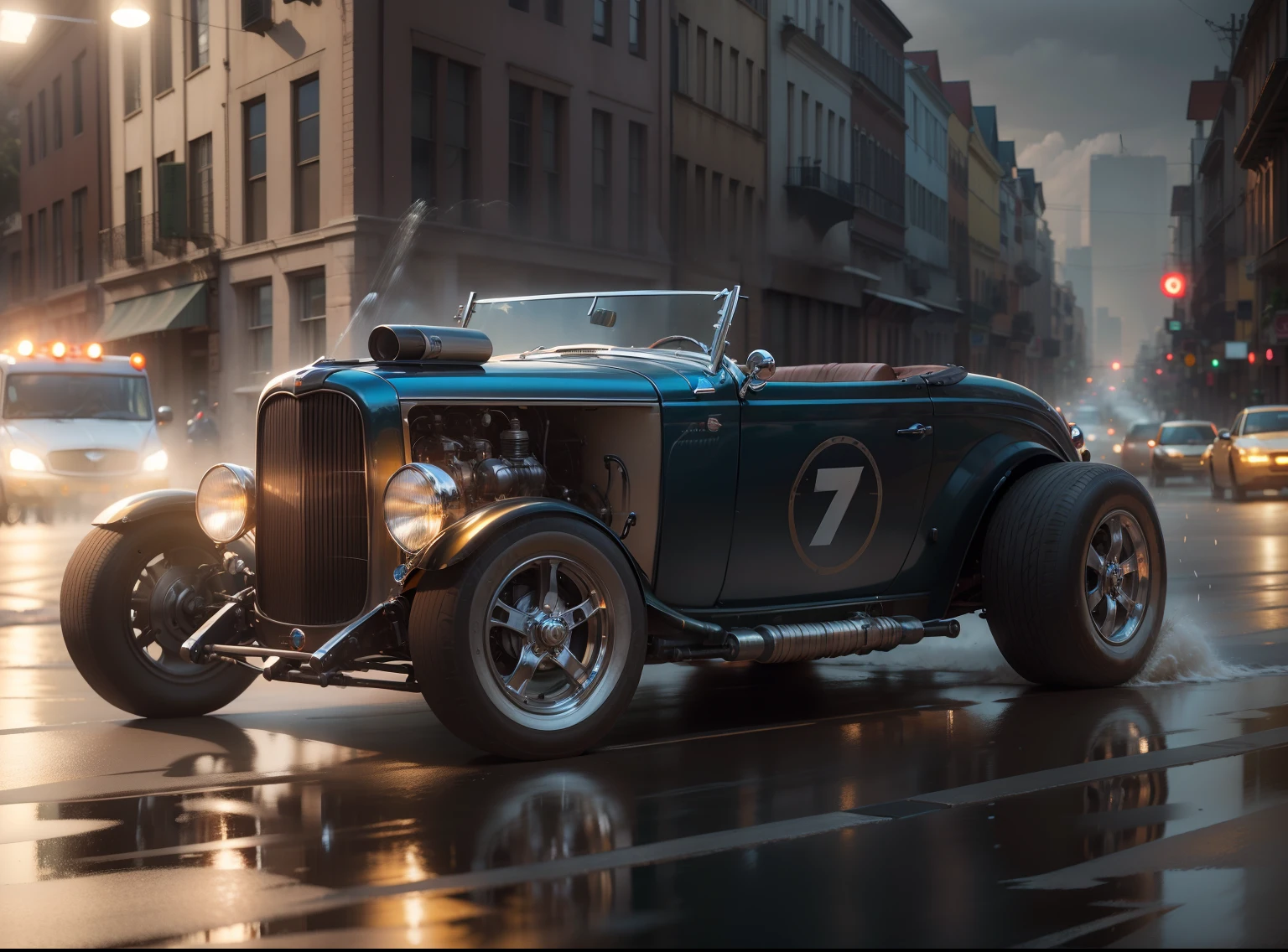 Necessidade de velocidade, Hot ROD Roadster Ford 1932, correndo pela rua molhada, quase, spreading water on the street, hyper realistic, motion blur, blurry background, altamente detalhado, divine proportion, (((Enquadrado))), perfect composition, perfect lighting, octan render, 8k, Artistic photography, trending on ArtStation, foco nítido, Studio photo, detalhes intrincados, altamente detalhado, Directed by: Greg Rutkowski