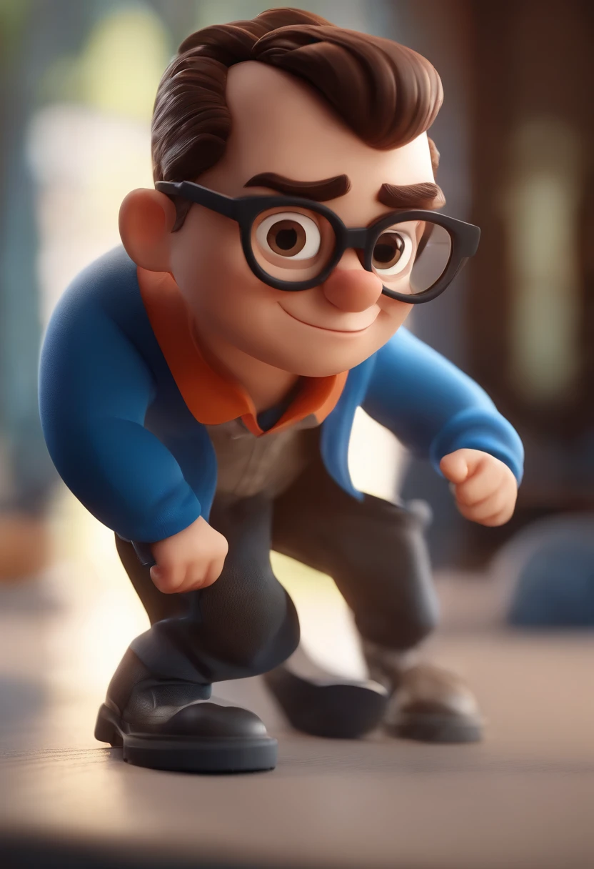 Cartoon character of a man wearing black glasses and a blue shirt, um personagem animado, Caractere estilizado, animation style rendering, 3D estilizado, Arnold Maya render, 3 d render stylized, toon render keyshot, Personagem 3D, Personagem 3D, 3d rendering stylized, 3 d character render, personagem de desenho animado, Personagem de close up, Pose de personagem, (Estilo Pixar) (master part:1.2) (Bokeh) (best quality) (pele detalhada) (textura detalhada) (8k) (argila) (Cinematic lighting) (foco nítido,Senta e vaza a parte superior do corpo