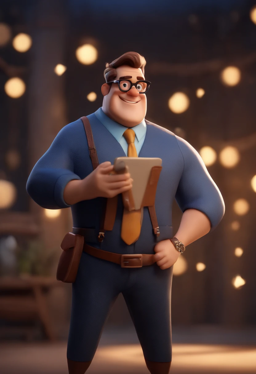 Cartoon character of a man wearing black glasses and a blue shirt, um personagem animado, Caractere estilizado, animation style rendering, 3D estilizado, Arnold Maya render, 3 d render stylized, toon render keyshot, Personagem 3D, Personagem 3D, 3d rendering stylized, 3 d character render, personagem de desenho animado, Personagem de close up, Pose de personagem, (Estilo Pixar) (master part:1.2) (Bokeh) (best quality) (pele detalhada) (textura detalhada) (8k) (argila) (Cinematic lighting) (foco nítido,Senta e vaza a parte superior do corpo