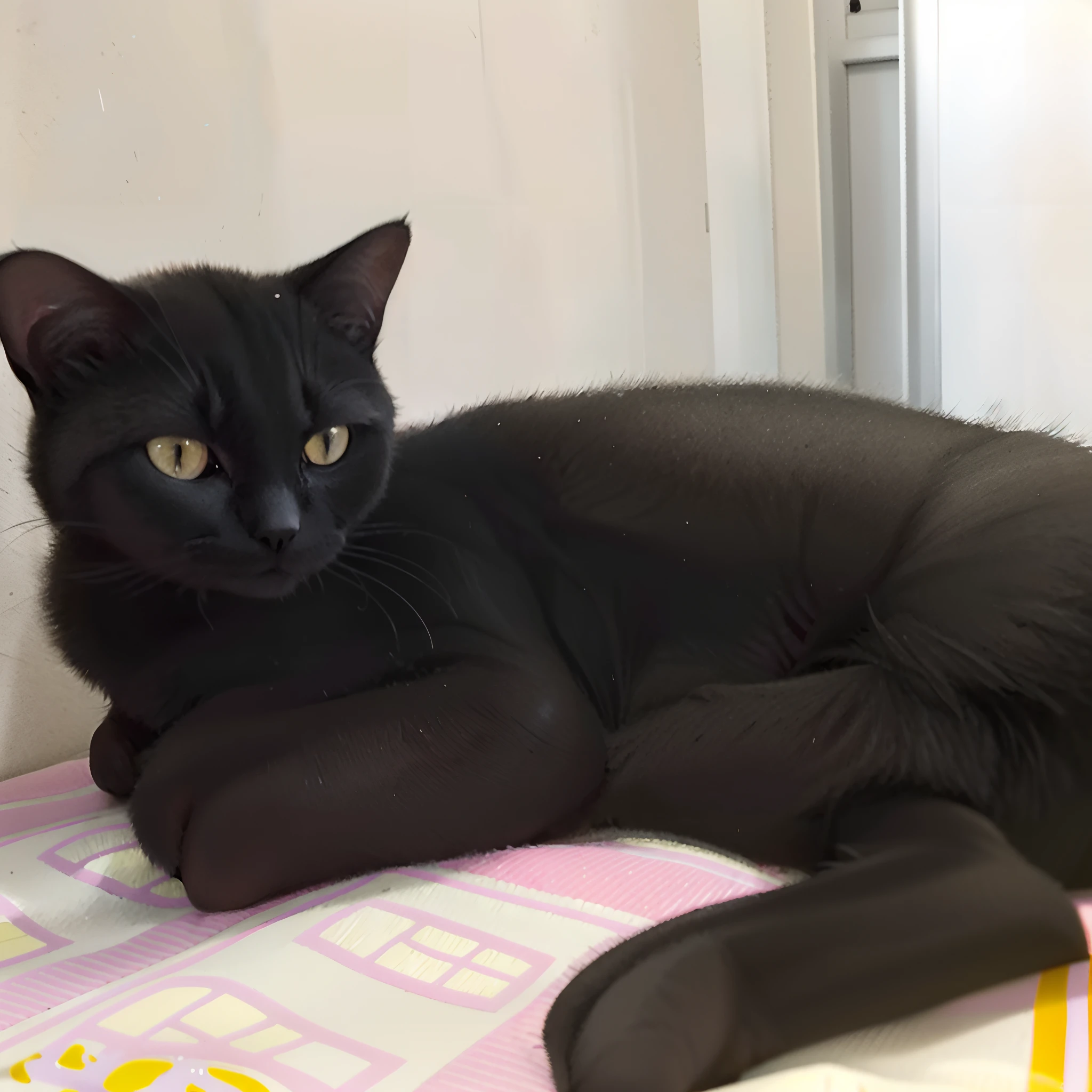 There's a black cat lying on a pink and white blanket, gato preto, Prateleira preta, young handsome pale roma, Tomado com Sony Alpha 9, Black cat at your feet, muito bonito, he is wearing a black, um bonito, captured with sony a3 camera, Looking towards the camera, taken with sony a7r camera