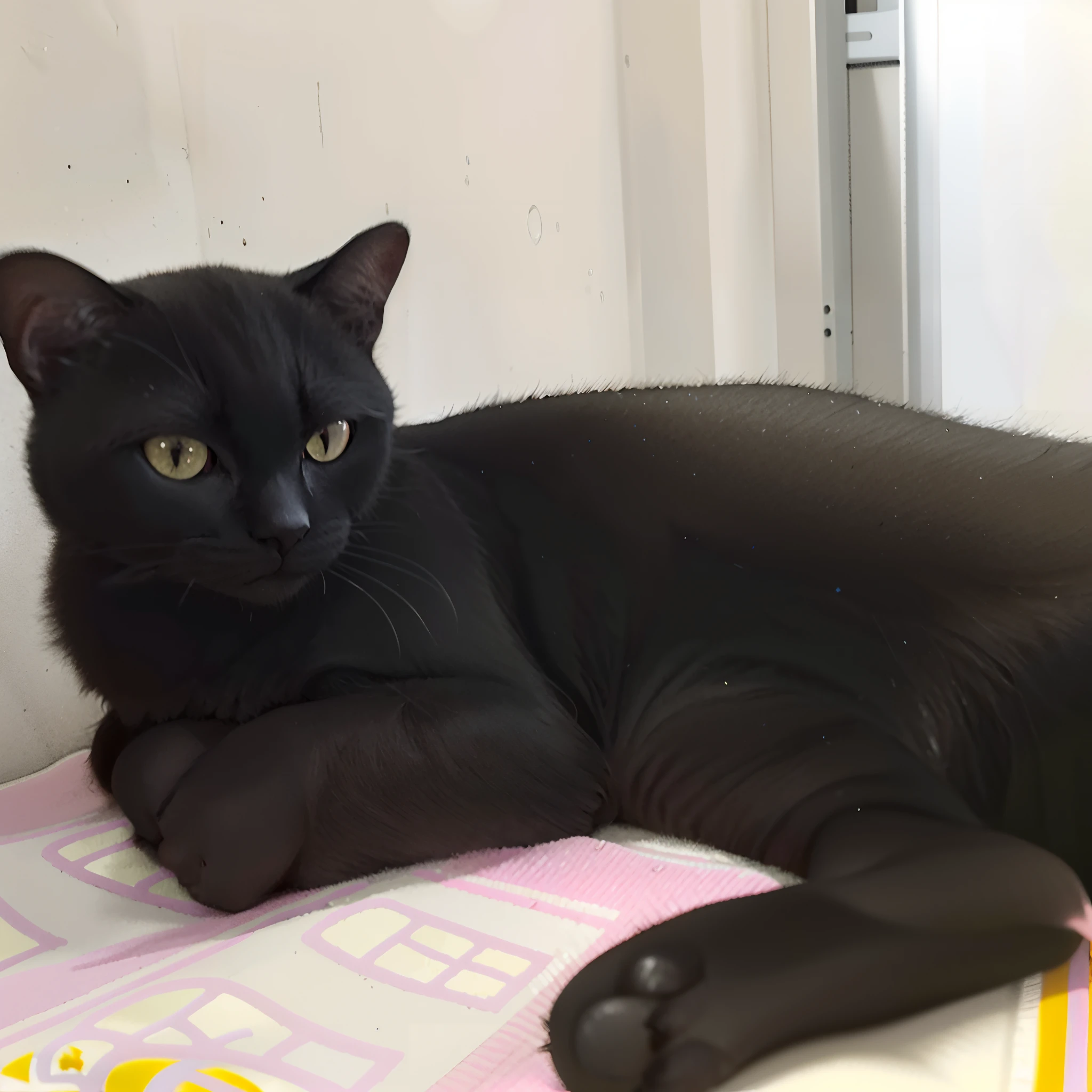 There's a black cat lying on a pink and white blanket, gato preto, Prateleira preta, young handsome pale roma, Tomado com Sony Alpha 9, Black cat at your feet, muito bonito, he is wearing a black, um bonito, captured with sony a3 camera, Looking towards the camera, taken with sony a7r camera