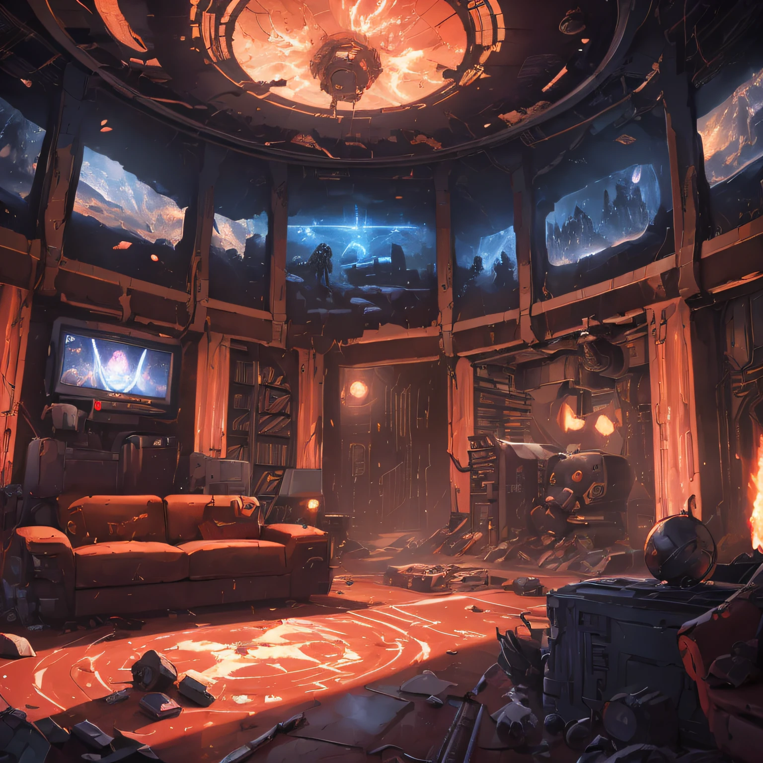 there is a room with a couch and a television in it, doom eternal concept art, sci fi engine room living room, scifi room, anime scenery concept art, detailed 4k concept art, alchemist library background, surreal sci fi set design, gothic epic library concept, sci - fi interior, anime concept hdr anime macmanus, (((clean))), ((no junk))