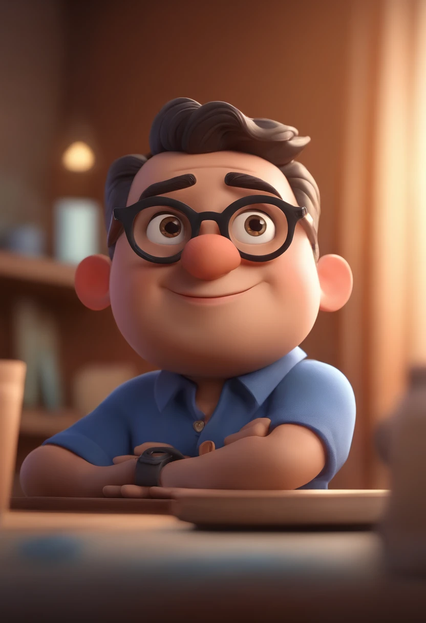 Cartoon character of a man wearing black glasses and a blue shirt, um personagem animado, Caractere estilizado, animation style rendering, 3D estilizado, Arnold Maya render, 3 d render stylized, toon render keyshot, Personagem 3D, Personagem 3D, 3d rendering stylized, 3 d character render, personagem de desenho animado, Personagem de close up, Pose de personagem, (Estilo Pixar) (master part:1.2) (Bokeh) (best quality) (pele detalhada) (textura detalhada) (8k) (argila) (Cinematic lighting) (foco nítido，Senta e vaza a parte superior do corpo