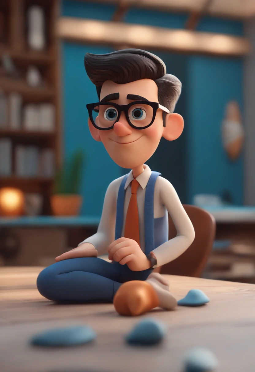 Cartoon character of a man wearing black glasses and a blue shirt, um personagem animado, Caractere estilizado, animation style rendering, 3D estilizado, Arnold Maya render, 3 d render stylized, toon render keyshot, Personagem 3D, Personagem 3D, 3d rendering stylized, 3 d character render, personagem de desenho animado, Personagem de close up, Pose de personagem, (Estilo Pixar) (master part:1.2) (Bokeh) (best quality) (pele detalhada) (textura detalhada) (8k) (argila) (Cinematic lighting) (foco nítido，Senta e vaza a parte superior do corpo