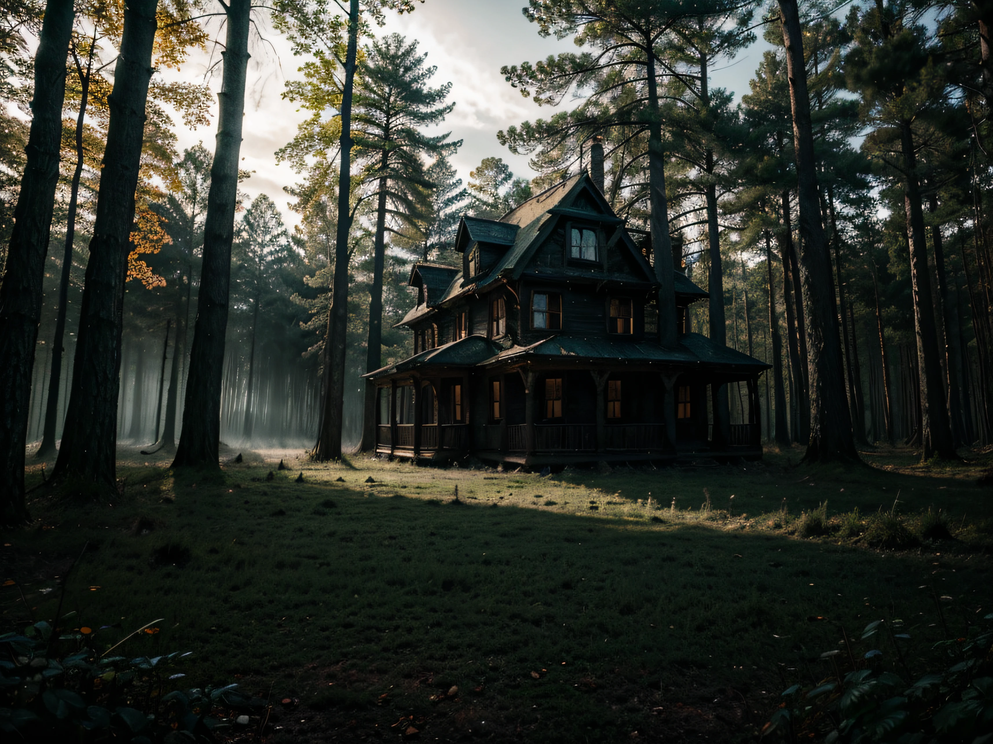 Real haunted house forest creepy landscape at afternoon, Halloween forest background. Surreal mysterious atmospheric woods design backdrop. sigma 35mm, sony a7