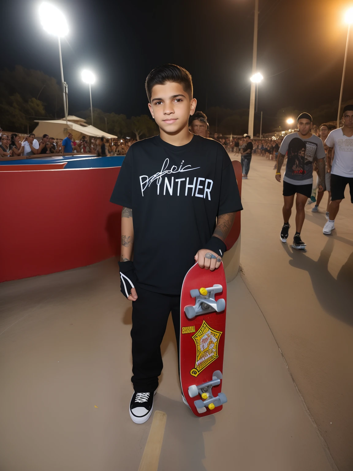 Boy in black shirt holding a skateboard in front of a crowd, mateus 9 5, skate, Directed by: Bernie D'Andrea, estilo skatista, Asher Duran, caio santos, Tony Sandoval, andrea rocha, Skate, david rios ferreira, Tony Sandoval. 8 k realista, pantera, diego fernandez, standing on a skateboard, foto do perfil