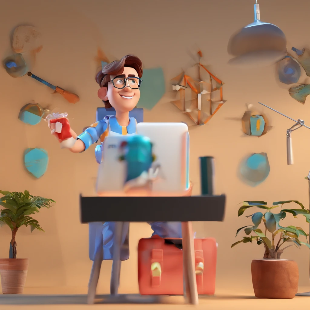 Criar um personagem no estilo Pixar. Trata-se de um homem de 30 anos, com barba, Branco, com cabelos castanhos curtos e um quiff, e olhos castanhos. Ele deve estar na frente de um computador, Trabalhar como designer