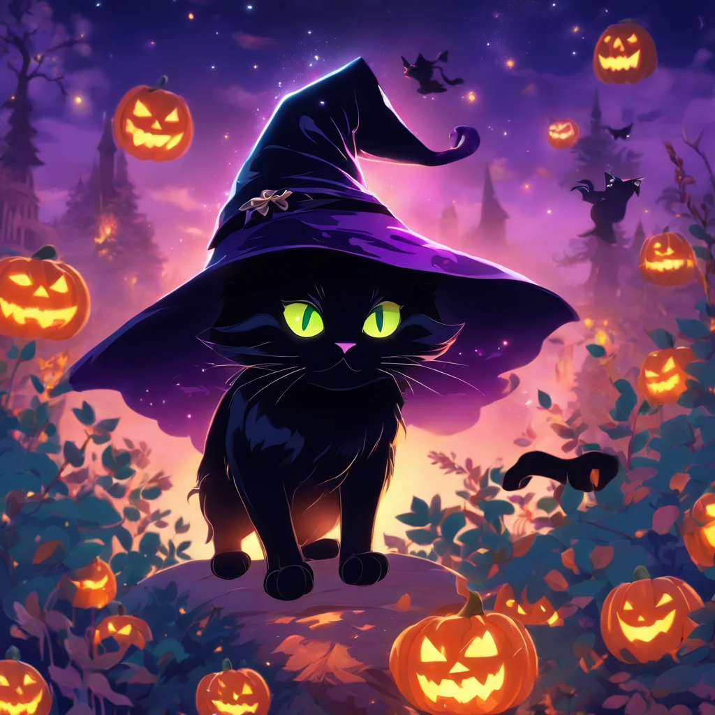 (best quality,highres,ultra-detailed,realistic:1.2),black cat witch,spellcasting,adorable black cat,witchcraft,magical masterpiece,spells,feline magic,witchy vibes,halloween,cat familiar,pumpkin,cauldron,magic wand,enchanted,moonlit night,witch hat,potion brewing,mystical atmosphere,spellbinding power,cute and magical,whiskers and paws,cat witch transformation,curious eyes,witchy spells,sparkling magic,mesmerizing artwork,cartoonish cat witch,cute and powerful magic,whimsical artwork,colorful aura,glowing eyes,playful mischief,charming personality,cat lover's delight,witch's companion,adorable feline familiar,playful and enchanting,artistic rendering,witchy adventures,catnip potion,spooky night,creative artwork,vibrant colors.