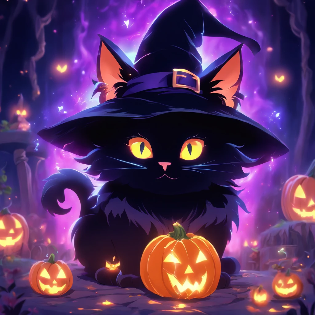 (best quality,highres,ultra-detailed,realistic:1.2),black cat witch,spellcasting,adorable black cat,witchcraft,magical masterpiece,spells,feline magic,witchy vibes,halloween,cat familiar,pumpkin,cauldron,magic wand,enchanted,moonlit night,witch hat,potion brewing,mystical atmosphere,spellbinding power,cute and magical,whiskers and paws,cat witch transformation,curious eyes,witchy spells,sparkling magic,mesmerizing artwork,cartoonish cat witch,cute and powerful magic,whimsical artwork,colorful aura,glowing eyes,playful mischief,charming personality,cat lover's delight,witch's companion,adorable feline familiar,playful and enchanting,artistic rendering,witchy adventures,catnip potion,spooky night,creative artwork,vibrant colors.