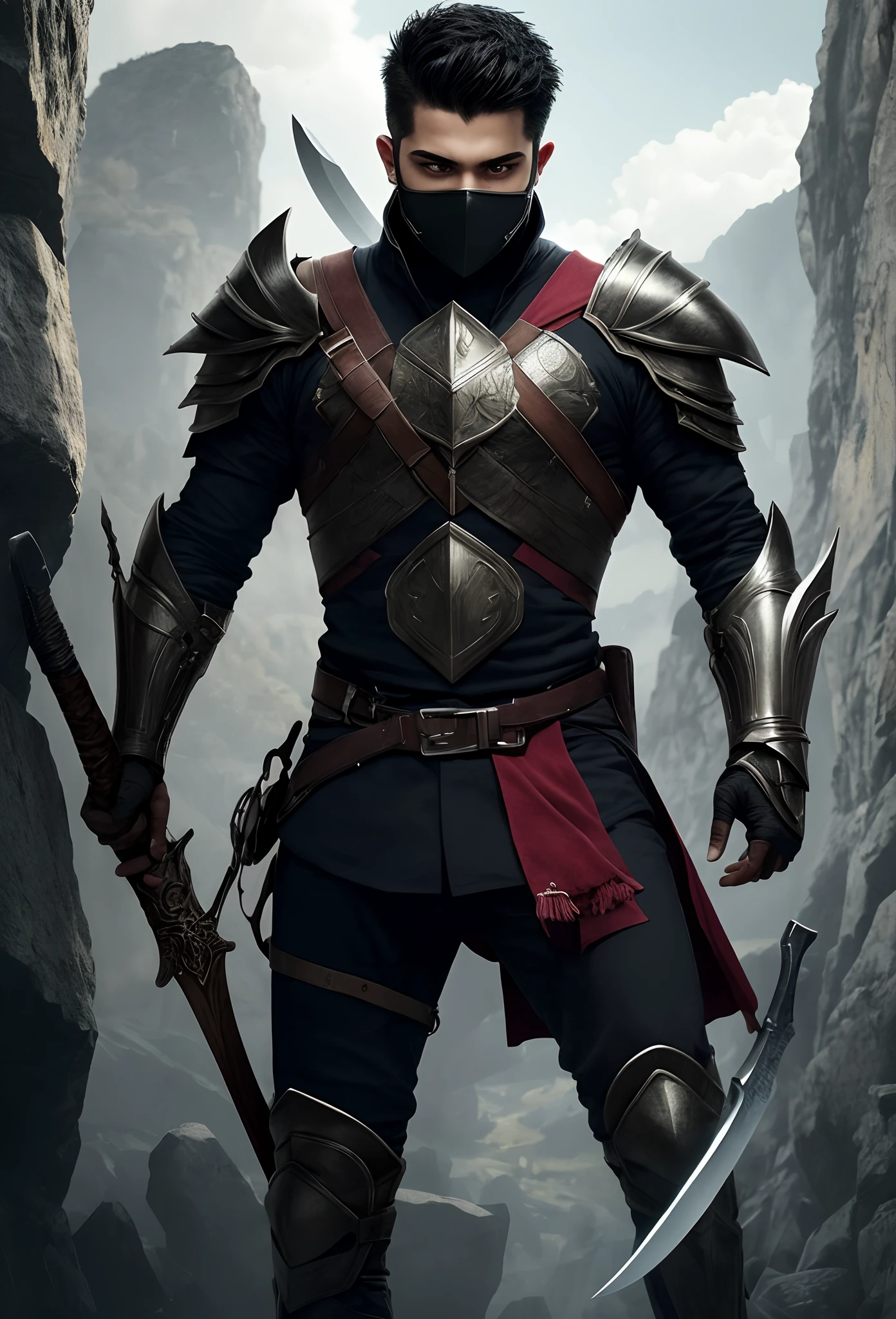 Disney-style poster of a green-eyed, black-haired -yeld bon a costume that was made of a very sturdy fabric and has pieces of armor on his shoulders and knees, he has a lot of hidden weapons like a hidden blade on his anti-arm,a blade with a handle that is used for climbing or pulls something on the lower part of the arm,ele tem luvas com garras afiadas feito de um mental resistente que serve para combate ou escalar, he has a mask that protects the lower part of my face and a capus in addition to being all black with gray parts written Thiago de capus in the background