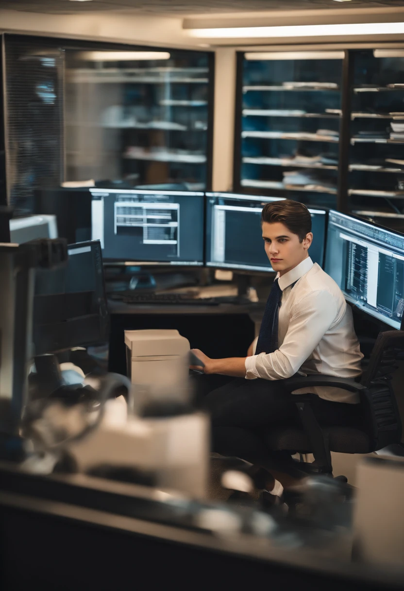 Image of a boy with dark brown hair slicked back, barba pequena, pintinha no rosto, working in the office of a company of.Internet with multiple computer monitors