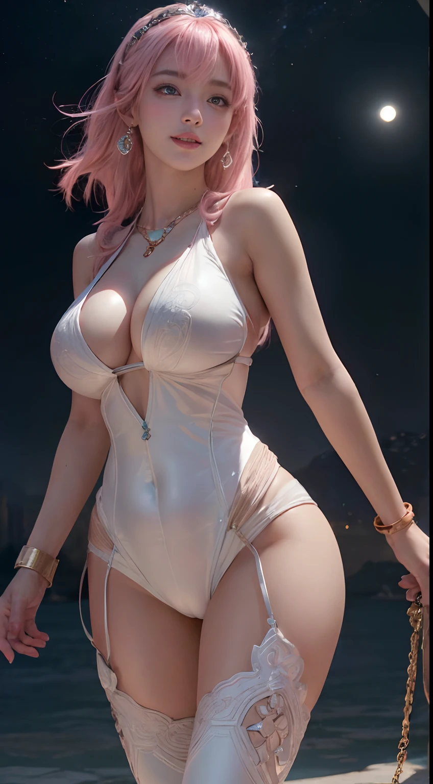 8K, masutepiece, Raw photo, Best Quality, Photorealistic, Highly detailed CG Unity 8k wallpaper, depth of fields, Cinematic Light, Lens Flare, Ray tracing, (Extremely beautiful face, Beautiful lips, Beautiful eyes), intricate detail face, ((Ultra detailed skin)) 1girl in, In the Dark, deepshadow, Pretty Korean girl, ((Looking at Viewer)), (seducting smile), (Blurry background), (large boob:1.5), earrings, Bracelets, Necklace, Clear eyes, spaceships, a moon，stele, Front shot, (pale skin), Face forward, (Big eyes), ((upperbody shot)), (Camel toe,  shape), (wedge:1.5), (pilotsuit), (Pink hair), ((seducting smile)), ((Camel toe)),