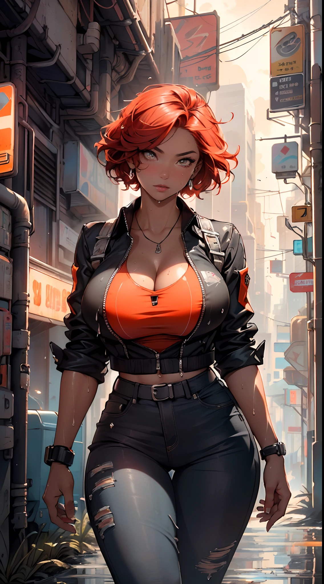 mechanical girl,(1girl:1.3),((1 black girl with extremely cute and beautiful red hair)),((((black race)))),

(big breasts: 1.4),sagging breasts,(((short red hair: 1.35,cropped,redhead,very short hair))),((heterochromia:1.5, (orange_eye and red_eye))),intricate eyes,beautiful detailed eyes,symmetrical eyes,(fat),((((tan,dark skin,black skin:1.35,dark-skinned_female,dark skin:1.3,ebony skin,lustrous skin:1.5,bright skin: 1.5,shiny skin,very shiny skin,shiny body,illuminated skin,wet legs)))),(spider lower abdomen,narrow waist,wide hip ,athletic body,inflated legs,detailed body,(detailed face)),((muscle legs)),((muscular thighs)),((muscular girl)),((strong and muscular,bodybuilder,strong body,muscular,feminine and muscular)),((ABS)),(huge stature,tall stature,very tall girl),

cute,slutty,sensual,seductive look,seductive,erotic,((nsfw)),

(fitted overalls:1.3,suit unbuttoned),((mechanical tools on his clothing,cyberpunk clothes)),(((huge cleavage))),((wet clothes,intricate outfit,intricate clothes)),

(dynamic pose:1.0),embarrassed,(centered,scale to fit dimensions,Rule of thirds),

cyberpunk city by the ocean at night, with bright neon signs and dark stormy clouds and puddles, scenery:1.25,

artistic photography,(photography taken by sldr),highres, sharp focus, (ultra detailed, extremely detailed), (photorealistic artwork:1.37),(extremely detailed CG unity 8k wallpaper),((synthwave background theme)),(((vibrant colors))),(intricate background),(masterpiece),(best quality),