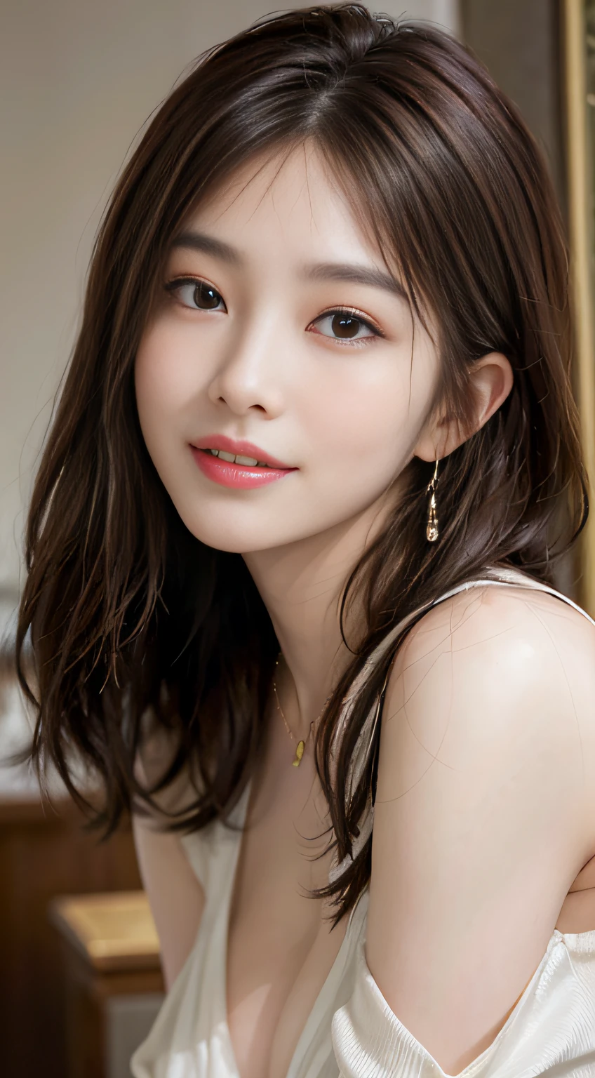 (((Brown long hair))), (Louvre Museum), Pose Seductive, (A hyper-realistic), (Illustration), (Increased resolution), (8KUHD), (Extremely detailed), (Best Illustration), (Beautiful and detailed eyes), (Best Quality), (ultra-detailliert), (masutepiece ), ( Wallpaper), (Detailed face), Solo, 1人の女性, Fine details, Detailed face, Deep Shadows, lowkey, pureerosfaceace_v1, Smiling, 46 point slanted bangs、Black blouse、cleavage of the breast、Big necklace、large earring、Laughing、