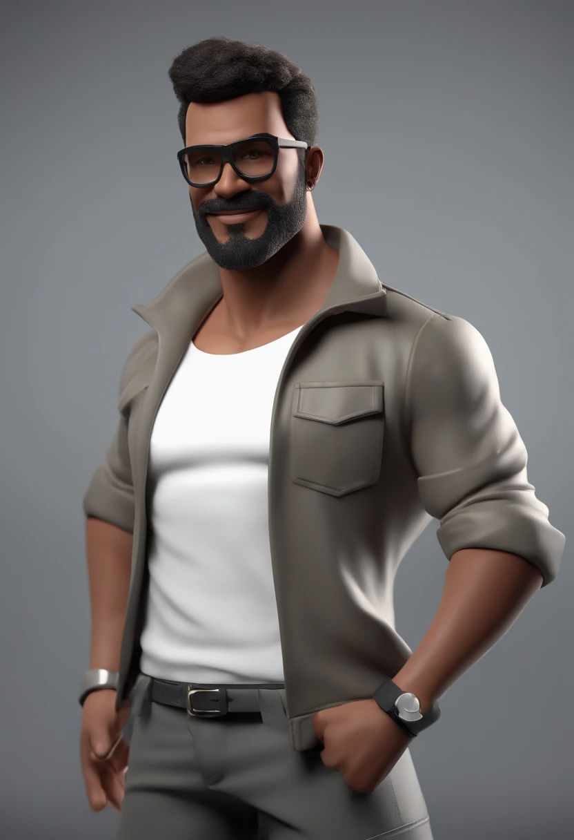 personagem dos desenhos animados de um homem com topete e barba, cabelos pretos, with black glasses and a white shirt, with light gray jacket and pants and white sneakers, em um palco, animation character, Caractere estilizado, animation style rendering, 3D estilizado, Arnold Maya render, 3 d render stylized, toon render keyshot, Personagem 3D, Personagem 3D, 3d rendering stylized, 3 d character render, personagem de desenho animado, Personagem de close up, Pose de personagem, (Estilo Pixar) (master part:1.2) (Bokeh) (best quality) (pele detalhada) (textura detalhada) (8k) (argila) (Cinematic lighting) (foco nítido