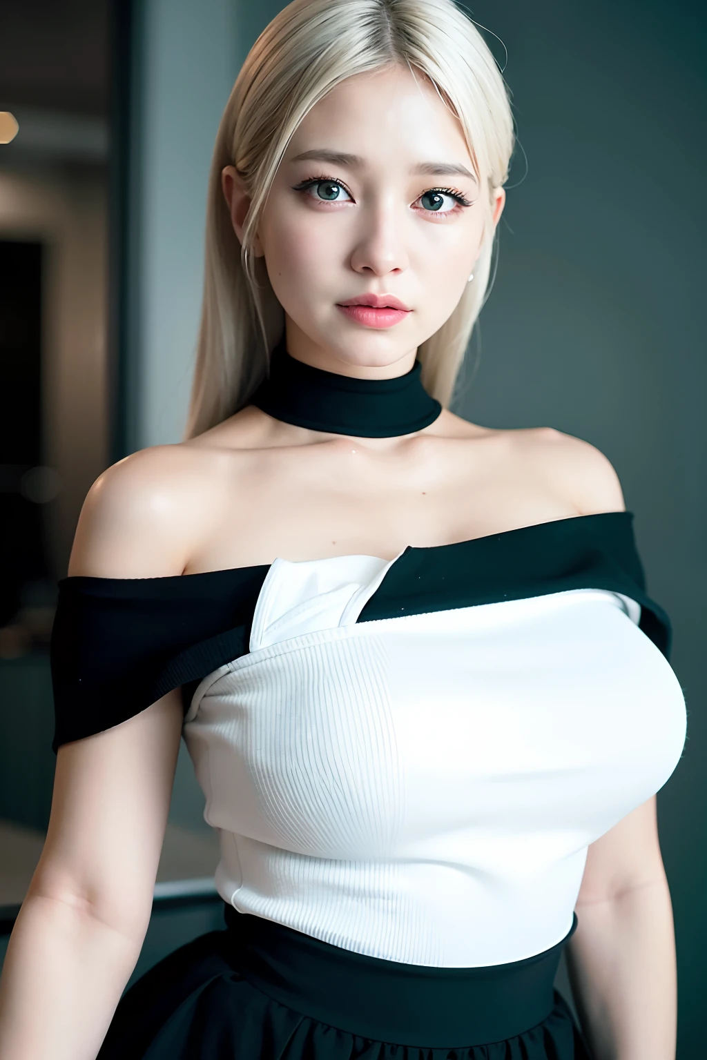 best quality, ultra high res, (photorealistic:1.4), 1girl, off-shoulder white shirt, black tight skirt, black choker, (faded ash gray hair:1), (huge breasts:1.2), looking at viewer, closeup ,
