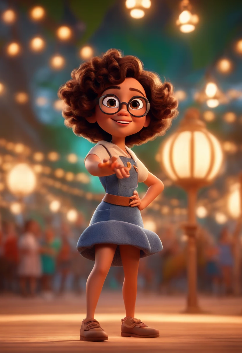 Pixar style image with 3D character white glasses brunette woman short curly hair dancing, Maquiagem Disney,Pescador, bonitinho, sorridente ,Close-up, Pixar, Disney, Cinema lighting,