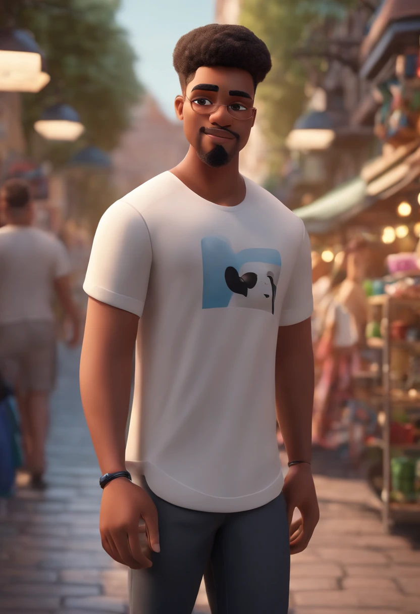 Disney/Pixar inspired 3D poster capturing a scene of a young 20 year old with soul patch beard, black razor fade hair, white shirt, white short shorts on a clothing store background, Estilo Pixar, ....3d, desenhos animados, rosto detalhado, asymmetrical 16k