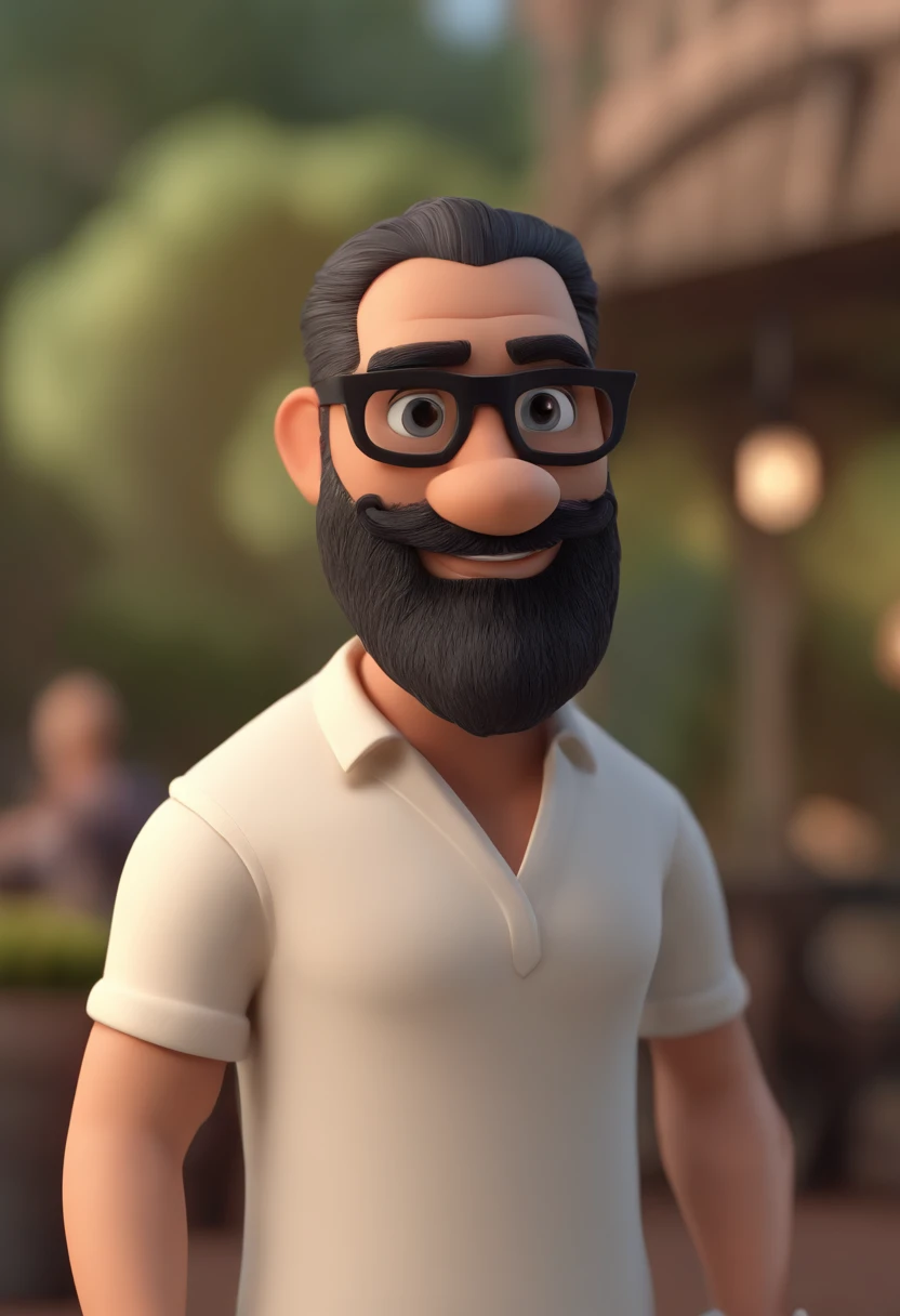 Cartoon character of a man with black glasses and a black polo shirt, cabelo liso, With beard and old school tattoo on his arm, animation character, Caractere estilizado, animation style rendering, 3D estilizado, Arnold Maya render, 3 d render stylized, toon render keyshot, Personagem 3D, Personagem 3D, 3d rendering stylized, 3 d character render, personagem de desenho animado, Personagem de close up, Pose de personagem,  (Estilo Pixar) (master part:1.2) (Bokeh) (best quality) (pele detalhada) (textura detalhada) (8k) (argila) (Cinematic lighting) (foco nítido