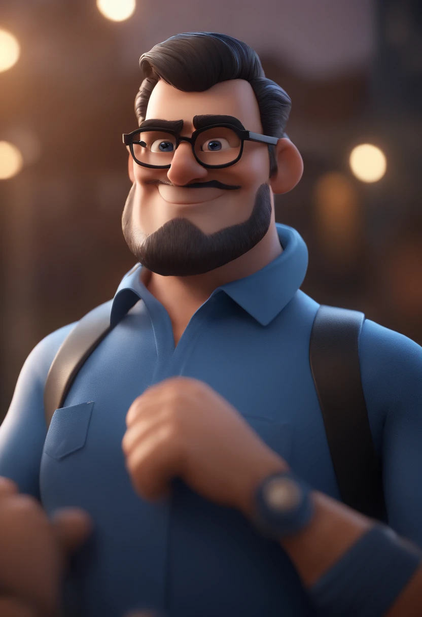 Cartoon character of a man with black glasses and a blue shirt, animation character, Caractere estilizado, animation style rendering, 3D estilizado, Arnold Maya render, 3 d render stylized, toon render keyshot, Personagem 3D, Personagem 3D, 3d rendering stylized, 3 d character render, personagem de desenho animado, Personagem de close up, Pose de personagem, (Estilo Pixar) (master part:1.2) (Bokeh) (best quality) (pele detalhada) (textura detalhada) (8k) (argila) (Cinematic lighting) (foco nítido
