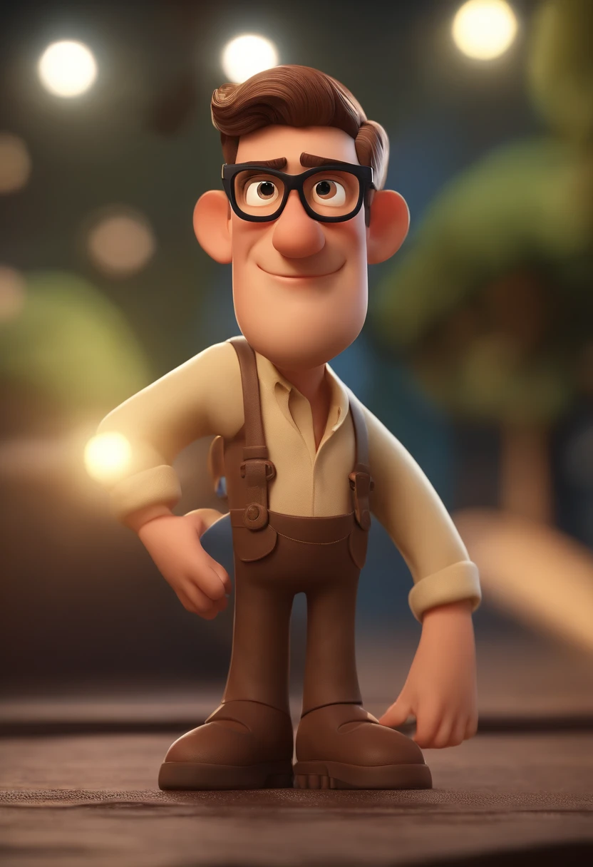 Cartoon character of a man with black glasses, cabelo cacheado marrom escuro e uma camisa azul, animation character, Caractere estilizado, animation style rendering, 3D estilizado, Arnold Maya render, 3 d render stylized, toon render keyshot, Personagem 3D, Personagem 3D, 3d rendering stylized, 3 d character render, personagem de desenho animado, Personagem de close up, Pose de personagem,  (Estilo Pixar) (master part:1.2) (Bokeh) (best quality) (pele detalhada) (textura detalhada) (8k) (argila) (Cinematic lighting) (foco nítido