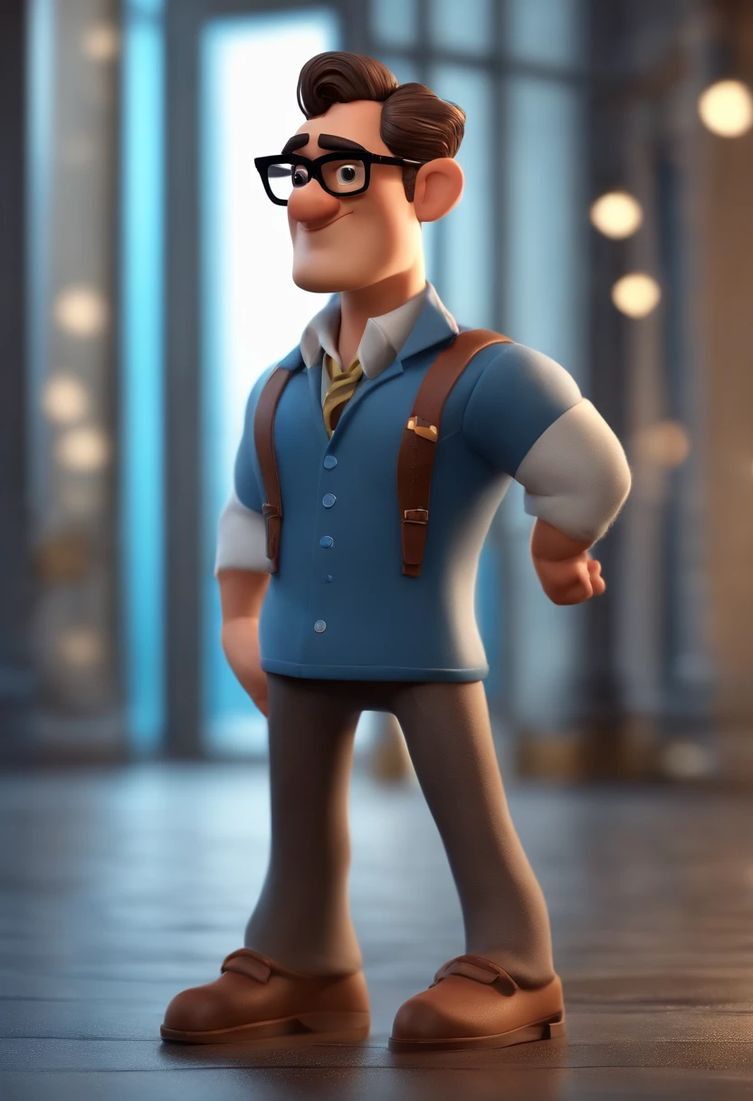 Cartoon character of a man with black glasses, cabelo cacheado marrom escuro e uma camisa azul, animation character, Caractere estilizado, animation style rendering, 3D estilizado, Arnold Maya render, 3 d render stylized, toon render keyshot, Personagem 3D, Personagem 3D, 3d rendering stylized, 3 d character render, personagem de desenho animado, Personagem de close up, Pose de personagem, (Estilo Pixar) (master part:1.2) (Bokeh) (best quality) (pele detalhada) (textura detalhada) (8k) (argila) (Cinematic lighting) (foco nítido
