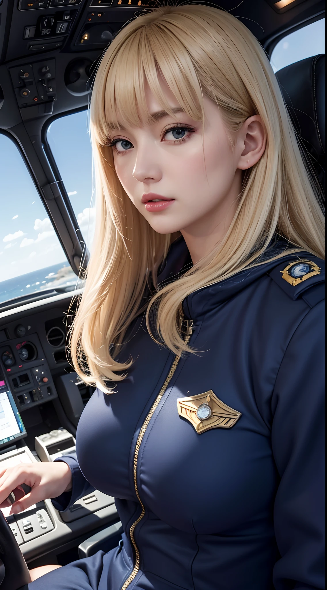 (hyper realstic)、Future Female Pilots、
immensity　Beautie　high-level image quality　hight resolution　Realistic　Shorthair　a blond、　blond woman in a、A MILF、Middle-aged woman、((Big big))、detailed skin textures、超A high resolution、Realistic、Voluptuous body shape、angry looking face、Middle-aged beauty、Beautiful expression、Detailed green eyes、blond、long fluffy hair、Kamimei、Very delicate and detailed skin texture、３５Female Pilots、(Spacecraft Spread々And being in the cockpit)、Female Pilots、big butts、bright red lips、(Wearing a navy blue pilot suit)、(Soio)、