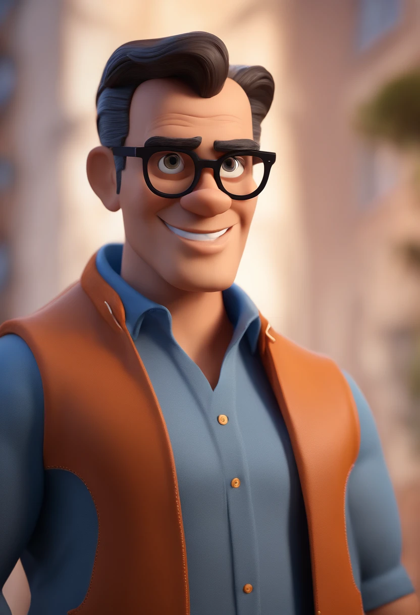 Cartoon character of a man with black glasses and a blue shirt, animation character, Caractere estilizado, animation style rendering, 3D estilizado, Arnold Maya render, 3 d render stylized, toon render keyshot, Personagem 3D, Personagem 3D, 3d rendering stylized, 3 d character render, personagem de desenho animado, Personagem de close up, Pose de personagem,  (Estilo Pixar) (master part:1.2) (Bokeh) (best quality) (pele detalhada) (textura detalhada) (8k) (argila) (Cinematic lighting) (foco nítido