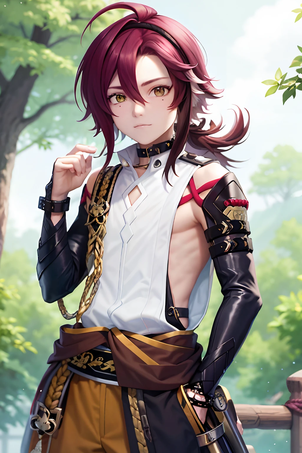 masterpiece, best quality,Shikanoin Heizou (genshin impact), 1boy, male focus, kurokote, green eyes, kote, multicolored hair, mole under eye, red hair, solo, mole, black choker, japanese armor, looking at viewer, choker, armor, streaked hair, aiguillette, sleeveless, ahoge, long hair, low ponytail,(kbxll:0.6)