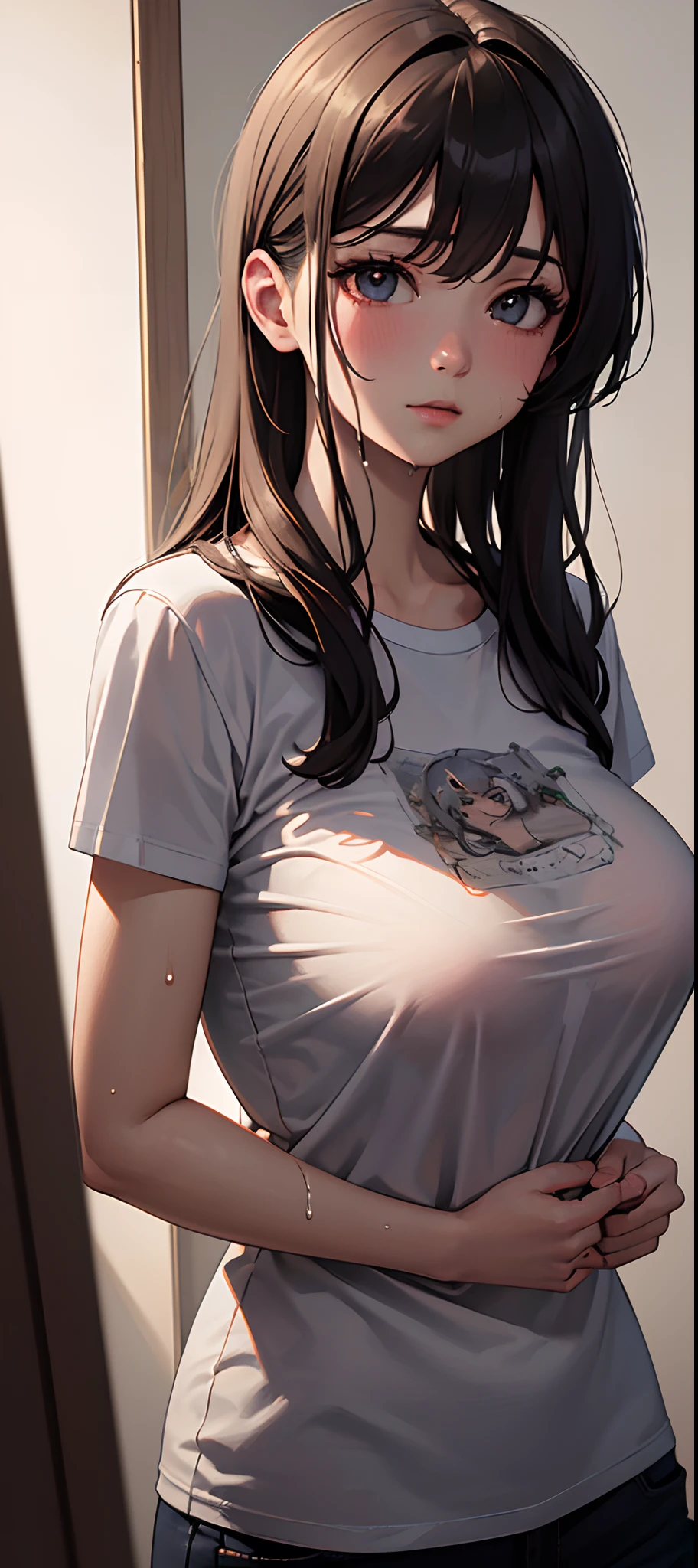 (((Masterpiece))), (portrait), Ayaka, diffused light, dynamic shadows, sharp focus, realistic, detailed, highres, absurdres, white background, (boobsqueeze), looking to the side, v arms, (((t-shirt))), no bra, photorealistic, lifelike, wet, mascara, blushing