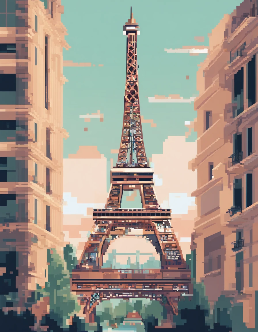 Crie uma imagem pixelada da Torre Eiffel em Paris, highlighting its iconic silhouette and structure details.