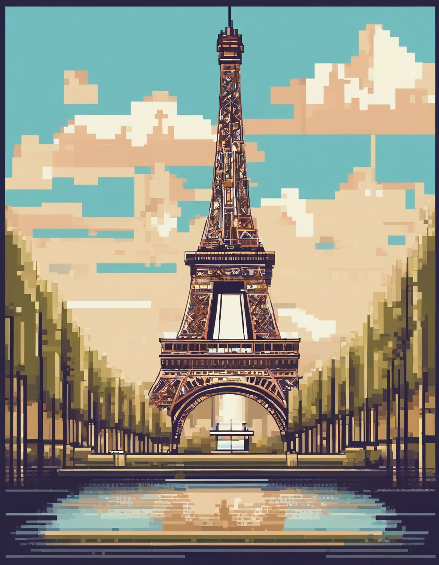 Crie uma imagem pixelada da Torre Eiffel em Paris, highlighting its iconic silhouette and structure details.