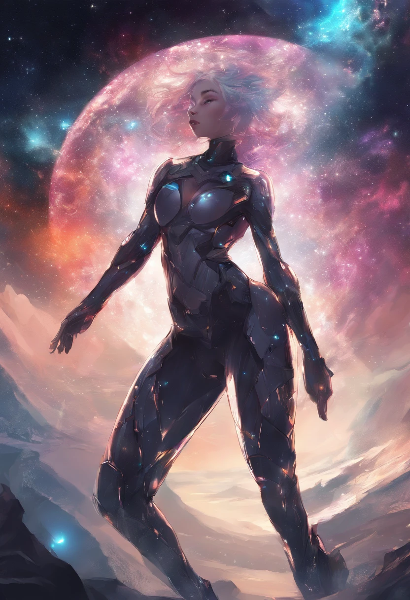 (best quality, master part), 1girl, Posar, Particle, vento, flor, parte superior do corpo, fundo simples, Olhando para o Viewer, cabelo preto selvagem, cosmico, Nebulosas, galaxy,homem