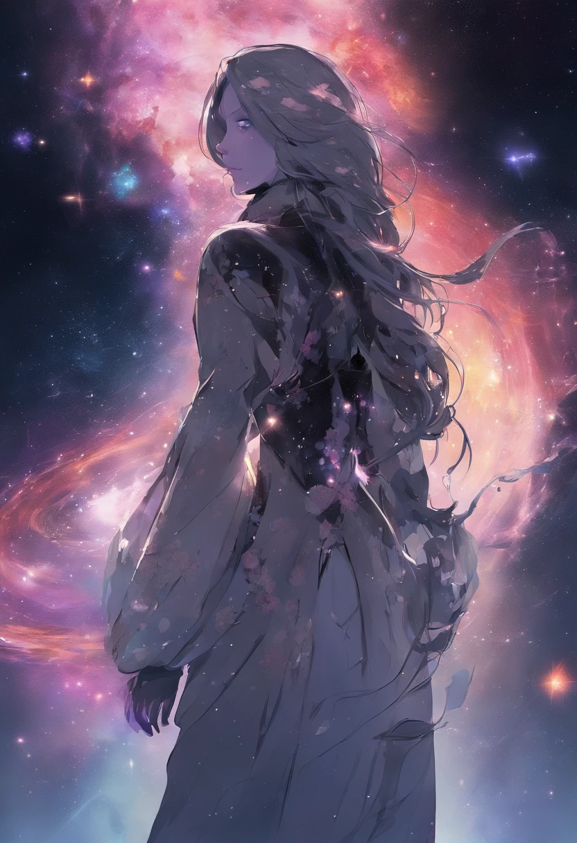 (best quality, master part), 1girl, Posar, Particle, vento, flor, parte superior do corpo, fundo simples, Olhando para o Viewer, cabelo preto selvagem, cosmico, Nebulosas, galaxy,homem