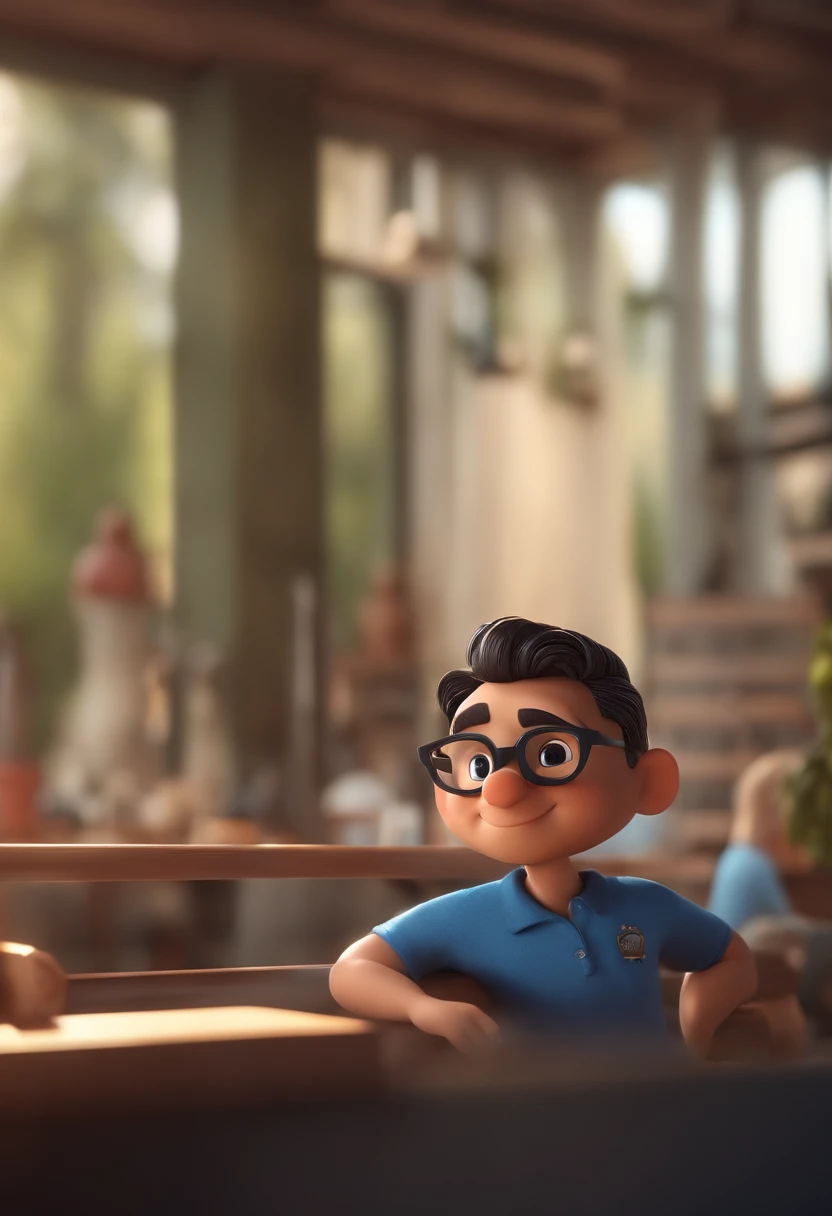 Cartoon character of a man with black glasses and a blue shirt, animation character, Caractere estilizado, animation style rendering, 3D estilizado, Arnold Maya render, 3 d render stylized, toon render keyshot, Personagem 3D, Personagem 3D, 3d rendering stylized, 3 d character render, personagem de desenho animado, Personagem de close up, Pose de personagem,  (Estilo Pixar) (master part:1.2) (Bokeh) (best quality) (pele detalhada) (textura detalhada) (8k) (argila) (Cinematic lighting) (foco nítido