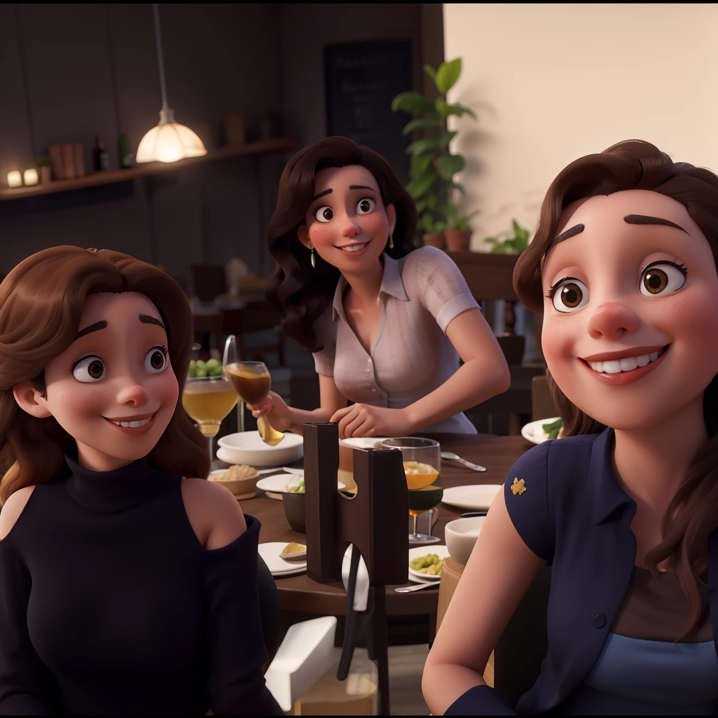 Obra-prima, de melhor qualidade, Three girlfriends at a table having dinner.