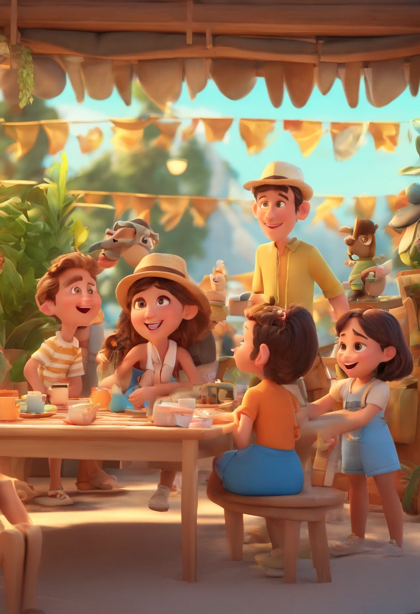 Cartoon of friends having fun on vacation together,  3D Animation Movie Poster, Poster de filme animado, pixar 3 d animation style, pixar renderman rendering, maia 8 mil, animated film, Disney Pixar Estilo 3D, amigos felizes saem juntos, all wearing light blue shirts and cream brown long pants, camisa azul clara, cream brown pants, ao ar livre, vacation, Disney Pixar Animation Poster