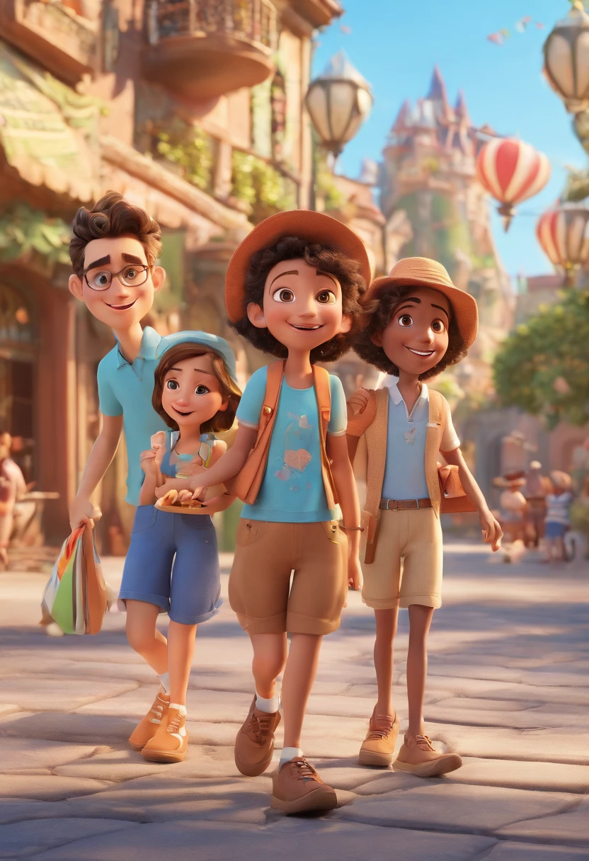 Cartoon of friends having fun on vacation together,  3D Animation Movie Poster, Poster de filme animado, pixar 3 d animation style, pixar renderman rendering, maia 8 mil, animated film, Disney Pixar Estilo 3D, amigos felizes saem juntos, all wearing light blue shirts and cream brown long pants, camisa azul clara, cream brown pants, ao ar livre, vacation, Disney Pixar Animation Poster