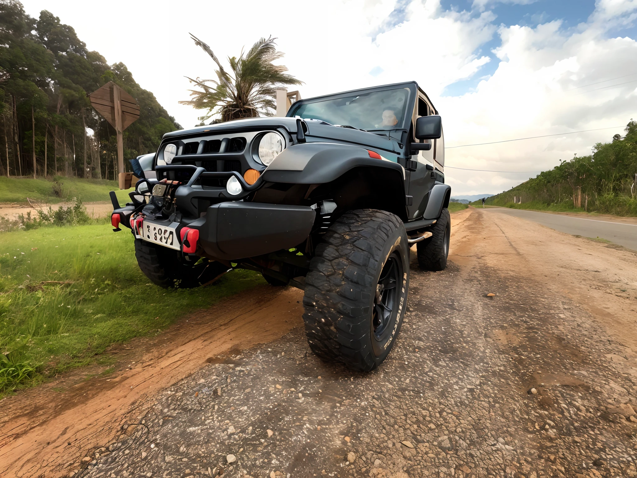 There's a black jeep parked on a dirt road, jipe wrangler, perfil frontal!!!!, jipe, Jeep no fundo, tiro frontal, Mahindra Thar, Pose frontal, perfil frontal, Directed by: Willian Murai, Frente cheia, Frente, Fora de estrada, tiro frontal, extremely detailed frontal angle, Foto de perfil frontal, Directed by: Jacob Steinhardt, Directed by: Felipe Seade