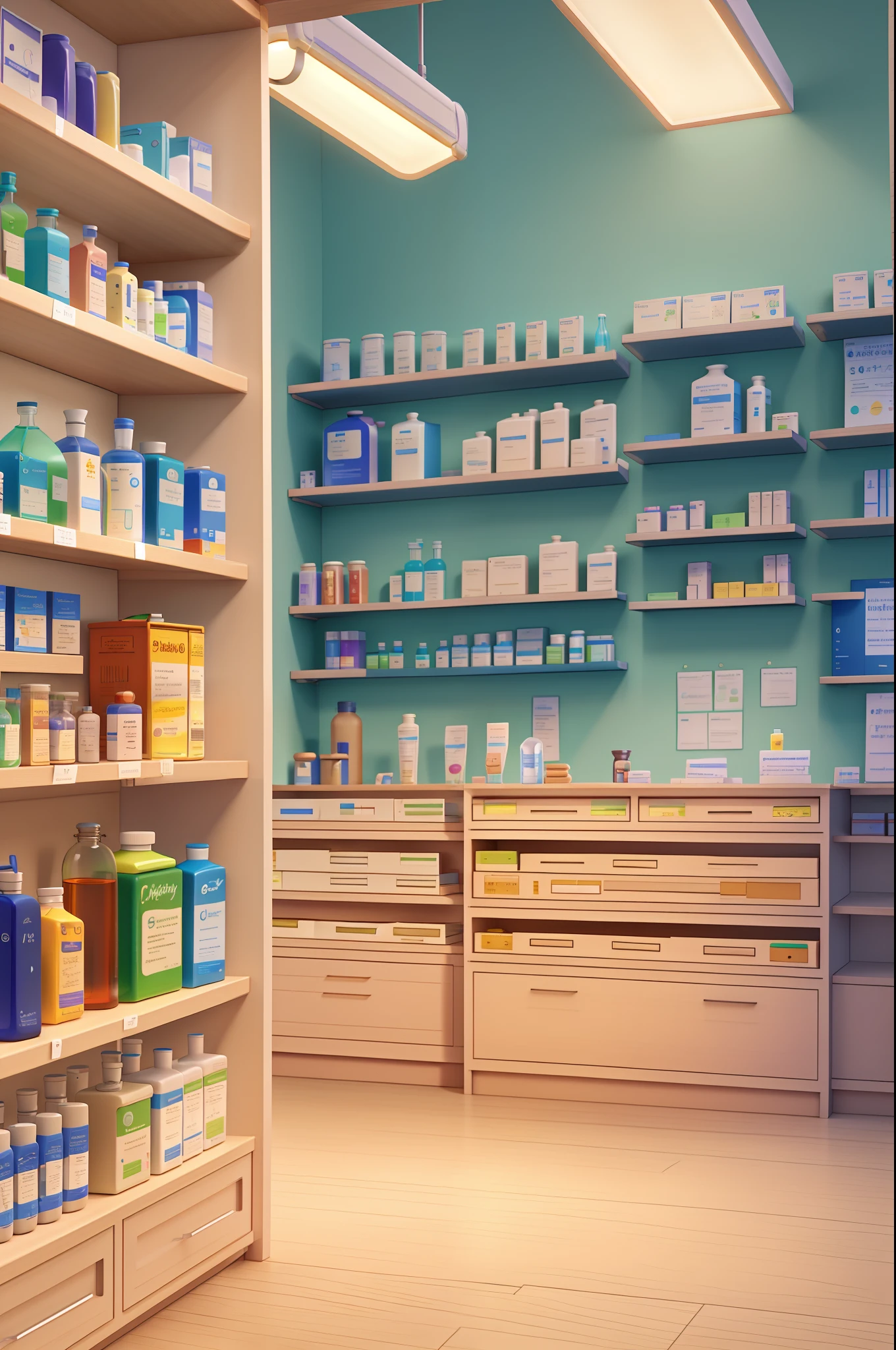 A pharmacist Clinic in the Pharmacy in pixar style in high definition.