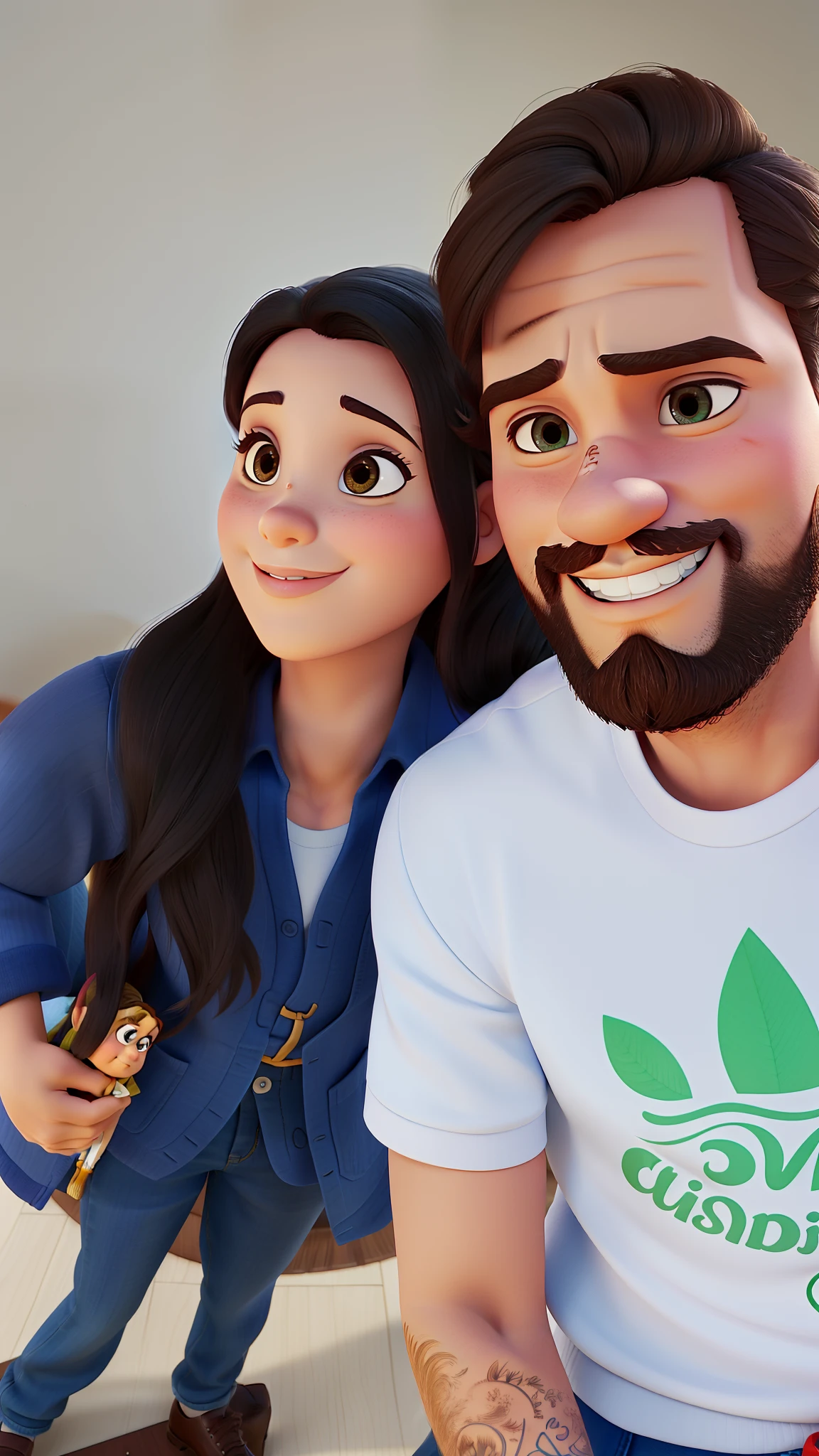 Casal estilo disney pixar melhor qualidade alta qualidade. Homem moreno cabelo curto barba e mulher olhos pretos cabelos longos lisos