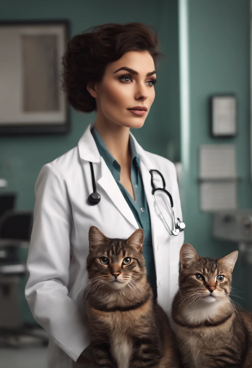 Estilo Pixar, Uma mulher branca com os cabelos longos lisos e pretos, with tattoos on the neck, Dressed in a doctor's white coat, in a doctor's office, Veterinarian, com 4 gatos em volta dela