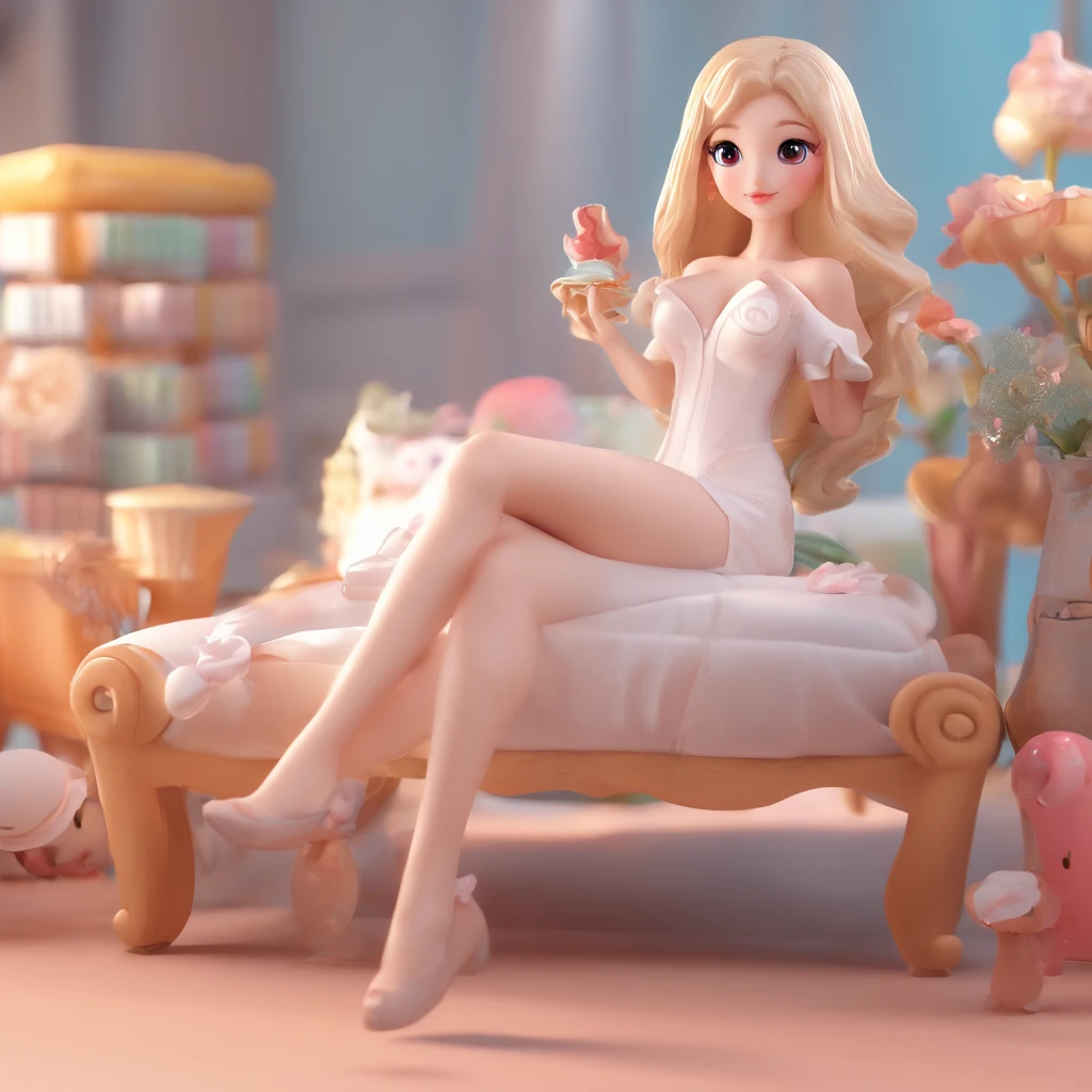 Super Cute Girl IP by Pop Mart, Bright eyes, Cherub,Little white dress, clay, modeled, blind box toy, Glossy and delicate,clean back ground, Good luster, 3D rendering of a,Best Quality,shaking boobs,SEX
